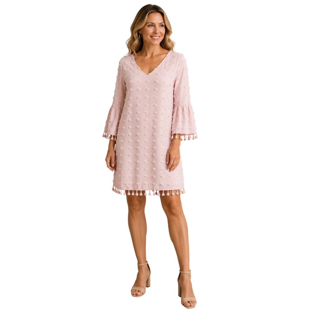 Chicme Swiss Dot Tassel Shift Dress Womens Small Pink Boho Bell Sleeve